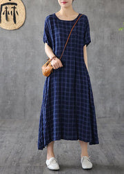 Women navy plaid linen clothes o neck short sleeve cotton robes Dress - bagstylebliss