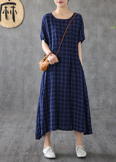 Women navy plaid linen clothes o neck short sleeve cotton robes Dress - bagstylebliss