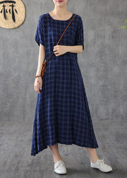 Women navy plaid linen clothes o neck short sleeve cotton robes Dress - bagstylebliss