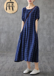 Women navy plaid linen clothes o neck short sleeve cotton robes Dress - bagstylebliss