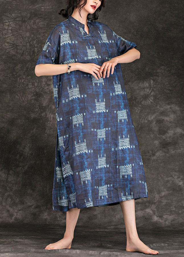 Women navy print linen dress stand collar tie waist Maxi summer Dress - bagstylebliss