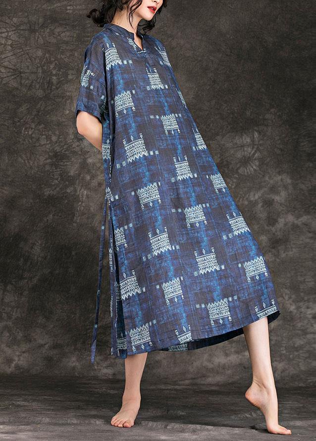 Women navy print linen dress stand collar tie waist Maxi summer Dress - bagstylebliss