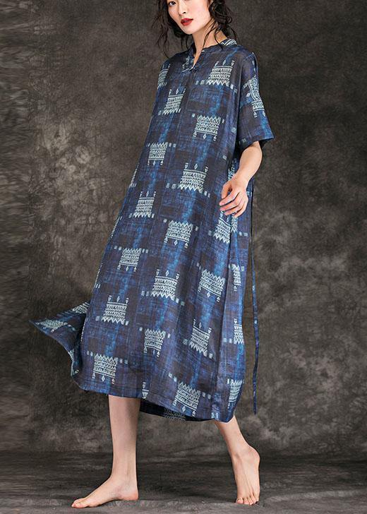 Women navy print linen dress stand collar tie waist Maxi summer Dress - bagstylebliss