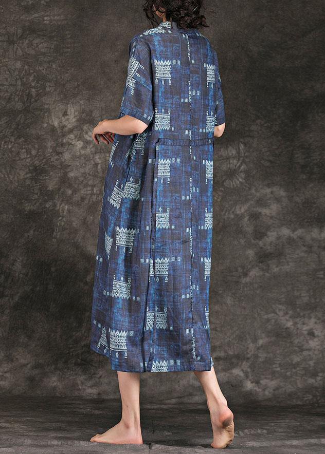 Women navy print linen dress stand collar tie waist Maxi summer Dress - bagstylebliss