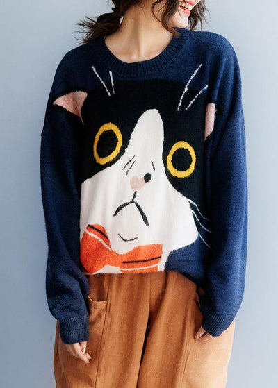 Women navy sweater tops winter Loose fitting animal print knitwear - bagstylebliss