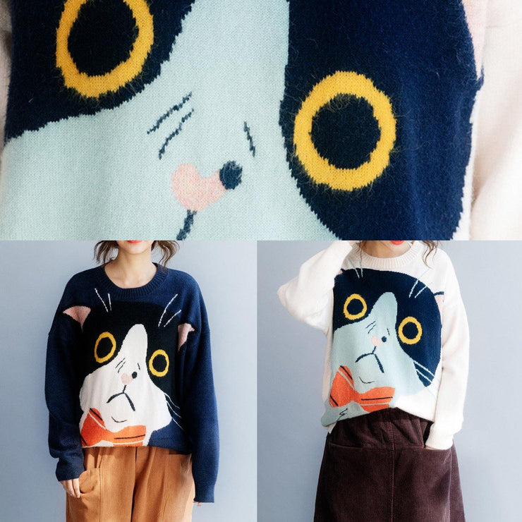 Women navy sweater tops winter Loose fitting animal print knitwear - bagstylebliss