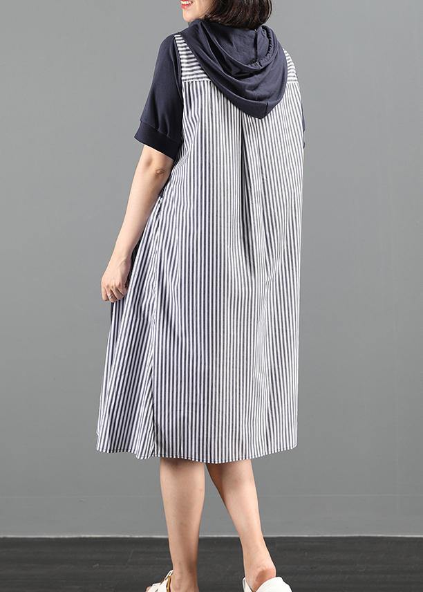 Women navy tunic dress hooded patchwork striped Maxi Dresses - bagstylebliss