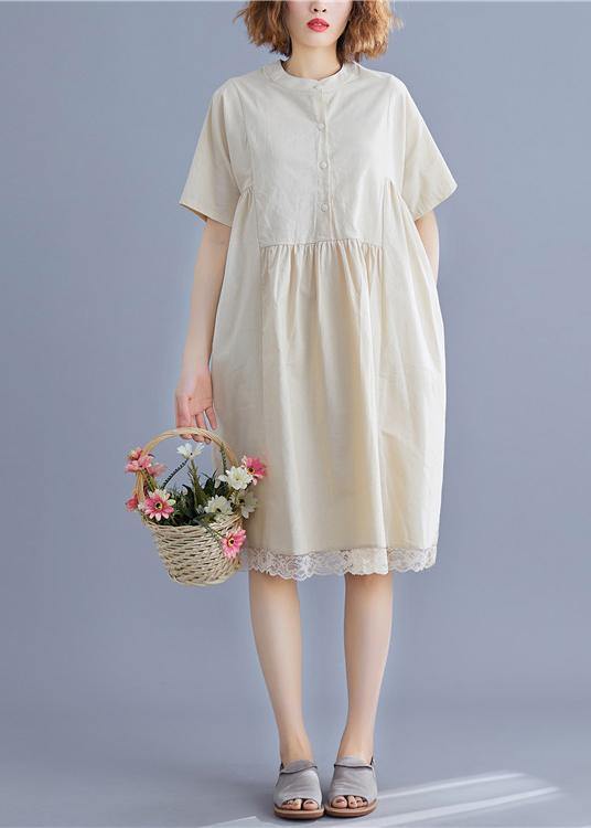 Women nude Cotton quilting dresses o neck patchwork lace summer Dresses - bagstylebliss