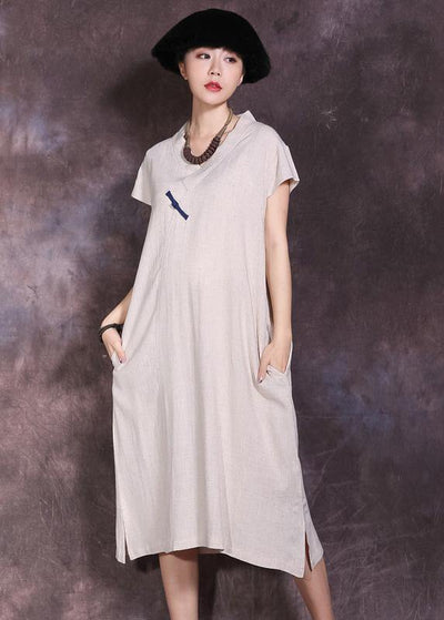 Women nude v neck linen dress side open Plus Size summer Dresses - bagstylebliss