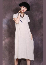 Women nude v neck linen dress side open Plus Size summer Dresses - bagstylebliss