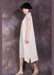 Women nude v neck linen dress side open Plus Size summer Dresses - bagstylebliss