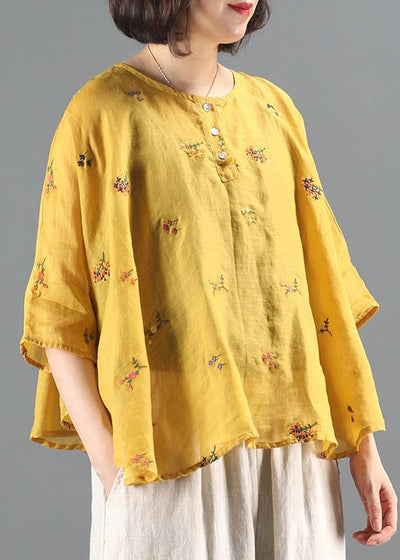 Women o neck Batwing Sleeve Tunic Wardrobes yellow embroidery blouses - bagstylebliss