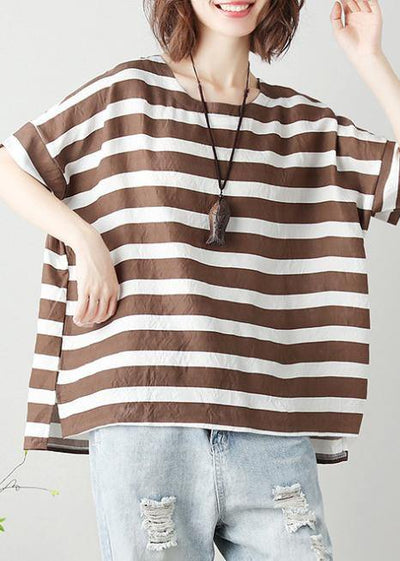 Women o neck Batwing Sleeve cotton tunic top Work chocolate striped shirt - bagstylebliss