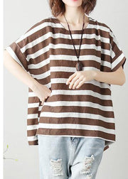 Women o neck Batwing Sleeve cotton tunic top Work chocolate striped shirt - bagstylebliss