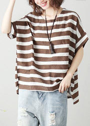 Women o neck Batwing Sleeve cotton tunic top Work chocolate striped shirt - bagstylebliss