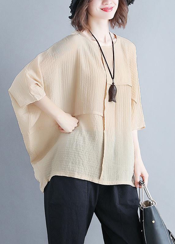 Women o neck Batwing Sleeve patchwork cotton blended clothes For Women Omychic Photography beige yellow Knee shirt Summer - bagstylebliss