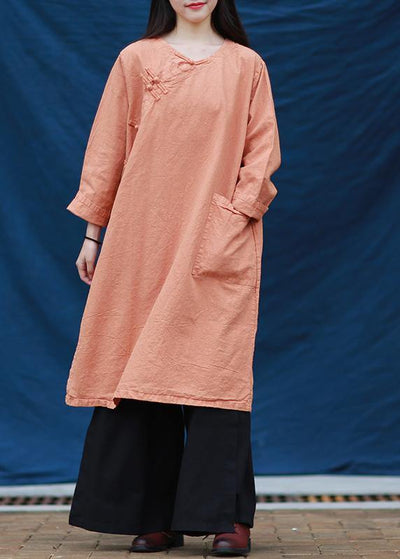 Women o neck Chinese Button Tunic Tutorials orange Dresses - bagstylebliss