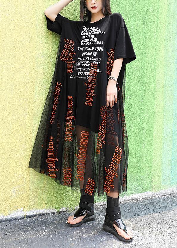 Women o neck Letter cotton summer Long pattern black Dresses - bagstylebliss