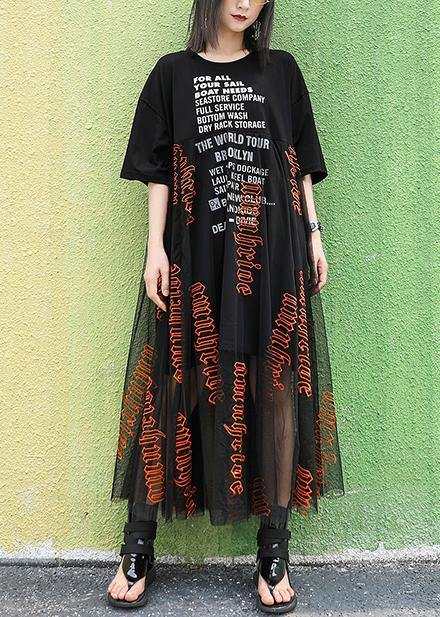 Women o neck Letter cotton summer Long pattern black Dresses - bagstylebliss