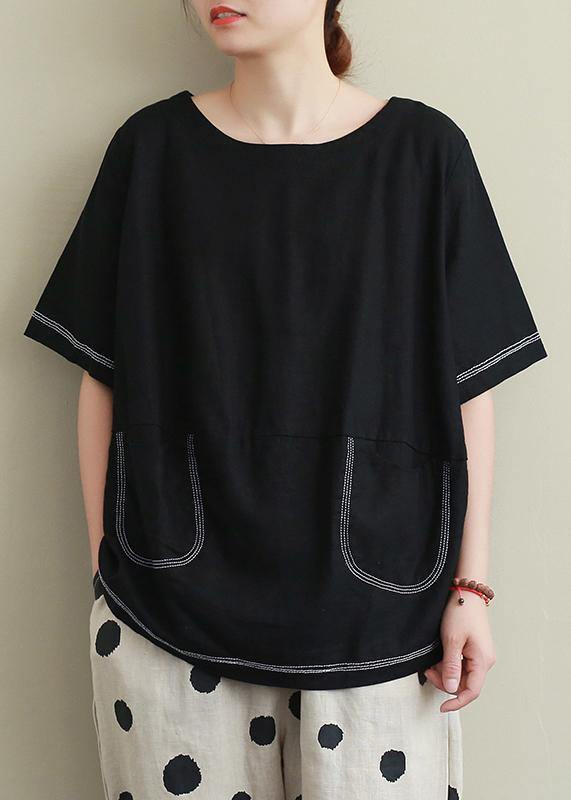 Women o neck Open wire decoration linen summer clothes black short shirt - bagstylebliss