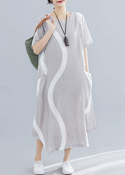Women o neck asymmetric cotton clothes For Women design light gray striped Maxi Dresses summer - bagstylebliss