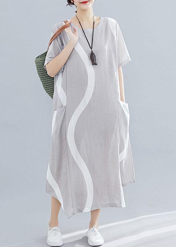 Women o neck asymmetric cotton clothes For Women design light gray striped Maxi Dresses summer - bagstylebliss