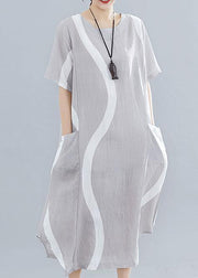 Women o neck asymmetric cotton clothes For Women design light gray striped Maxi Dresses summer - bagstylebliss