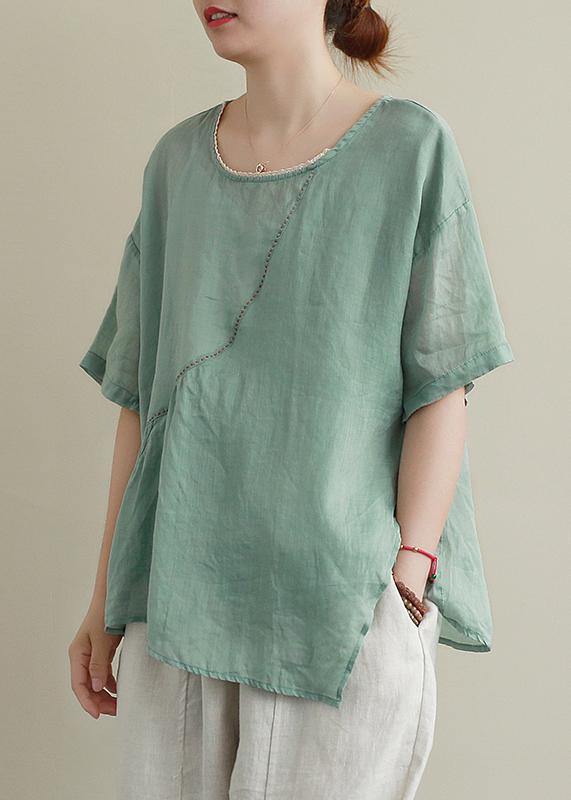 Women o neck asymmetric cotton linen summer clothes For Women green blouse - bagstylebliss