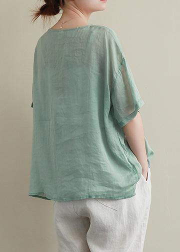 Women o neck asymmetric cotton linen summer clothes For Women green blouse - bagstylebliss