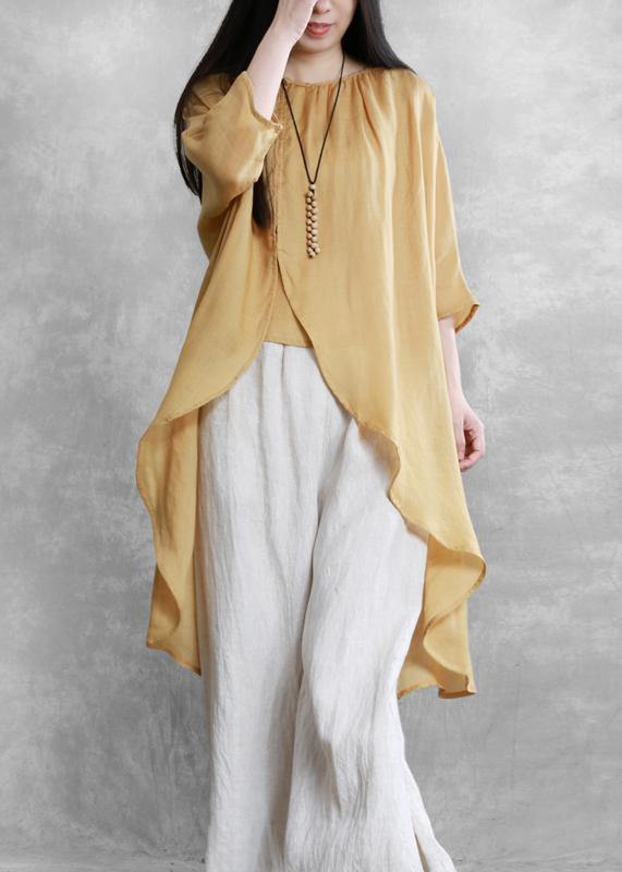Women o neck asymmetric crane tops pattern yellow tops - bagstylebliss