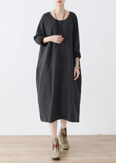 Women o neck asymmetric fall tunic pattern Work Outfits gray Robe Dresses - bagstylebliss