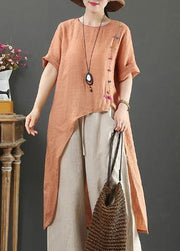 Women o neck asymmetric linen blouses for women pattern orange tops - bagstylebliss