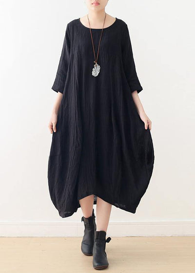 Women o neck asymmetric linen dress Wardrobes black Dress - bagstylebliss