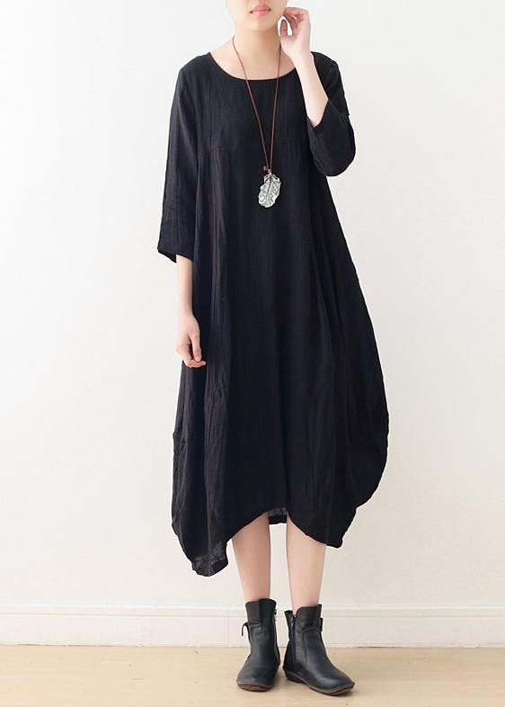 Women o neck asymmetric linen dress Wardrobes black Dress - bagstylebliss