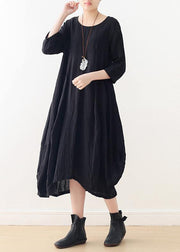 Women o neck asymmetric linen dress Wardrobes black Dress - bagstylebliss