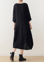 Women o neck asymmetric linen dress Wardrobes black Dress - bagstylebliss