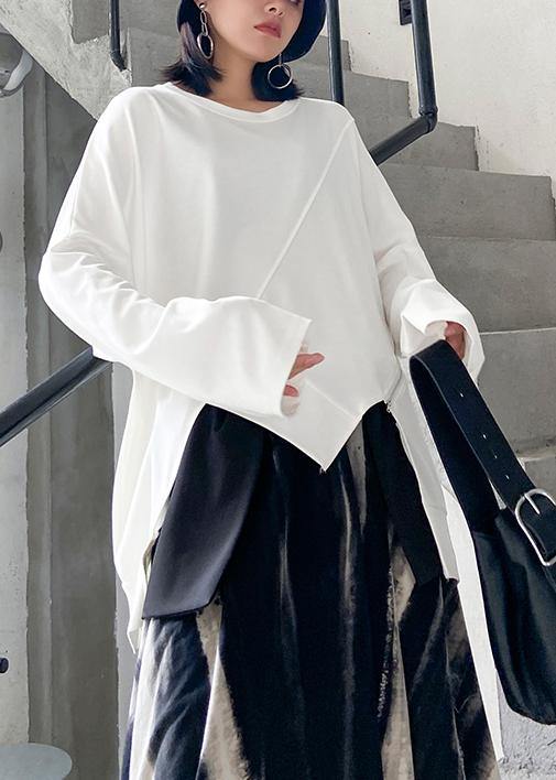 Women o neck asymmetric linen fall clothes Tops white shirts - bagstylebliss