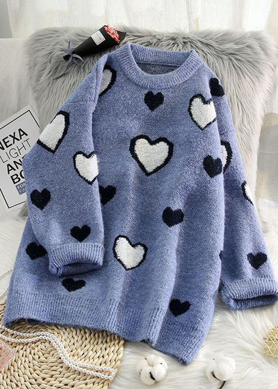 Women o neck blue knit sweat tops oversized love knitted pullover - bagstylebliss