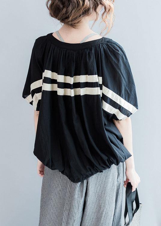 Women o neck cotton clothes design black striped blouse summer - bagstylebliss