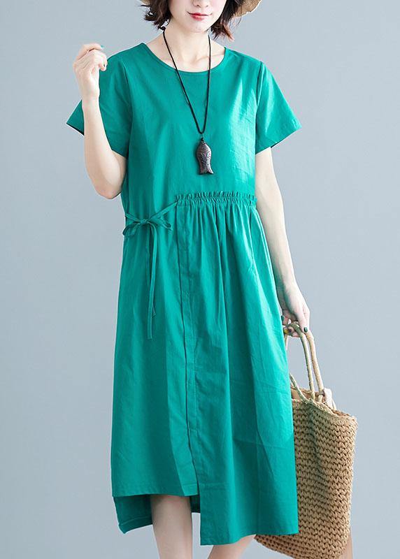 Women o neck drawstring cotton linen quilting dresses Tutorials green Dress summer - bagstylebliss