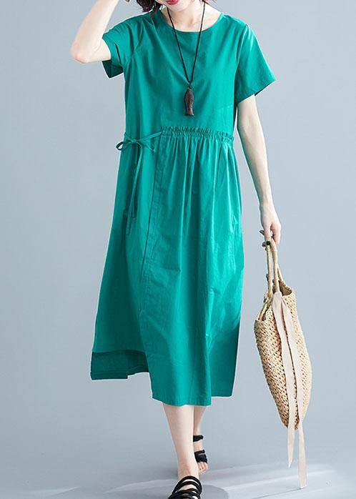 Women o neck drawstring cotton linen quilting dresses Tutorials green Dress summer - bagstylebliss