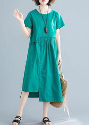 Women o neck drawstring cotton linen quilting dresses Tutorials green Dress summer - bagstylebliss