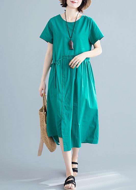 Women o neck drawstring cotton linen quilting dresses Tutorials green Dress summer - bagstylebliss