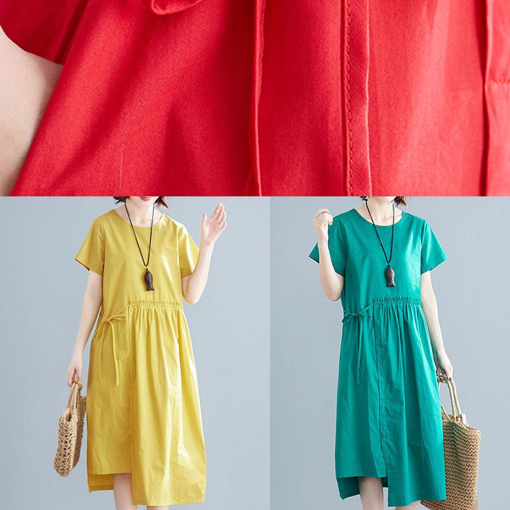 Women o neck drawstring cotton linen quilting dresses Tutorials green Dress summer - bagstylebliss