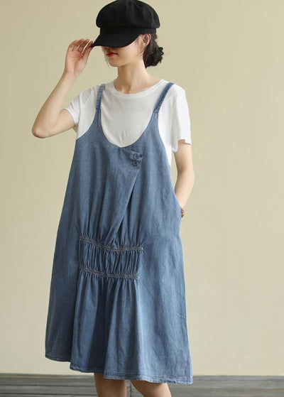 Women o neck false two pieces Cotton summer quilting dresses design blue Dress - bagstylebliss