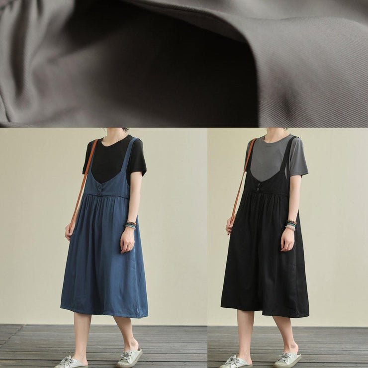 Women o neck false two pieces cotton summer quilting dresses gray Maxi Dress - bagstylebliss