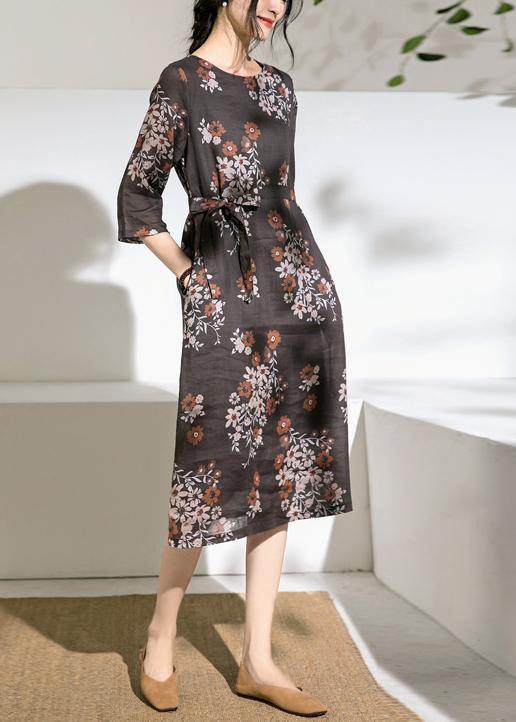 Women o neck half sleeve linen Robes Photography chocolate print Dress - bagstylebliss