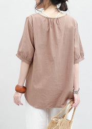 Women o neck lantern sleeve cotton linen tunic top Neckline khaki summer blouses - bagstylebliss