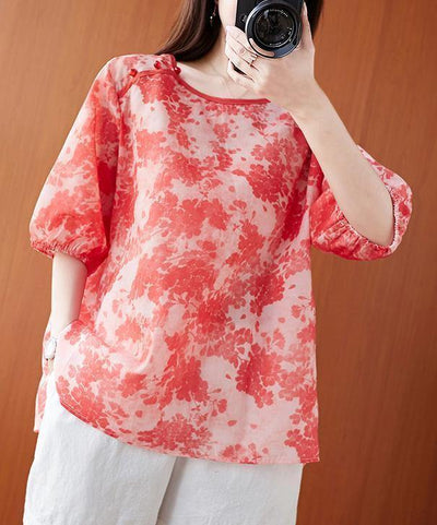 Women o neck lantern sleeve summer Tops red print shirts - bagstylebliss