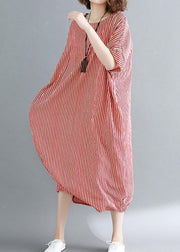 Women o neck linen Robes Omychic Catwalk red striped daily Dress summer